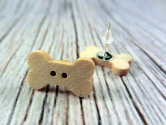 Preview: Knochen Bone Knopf Ohrstecker Holz Natur Button